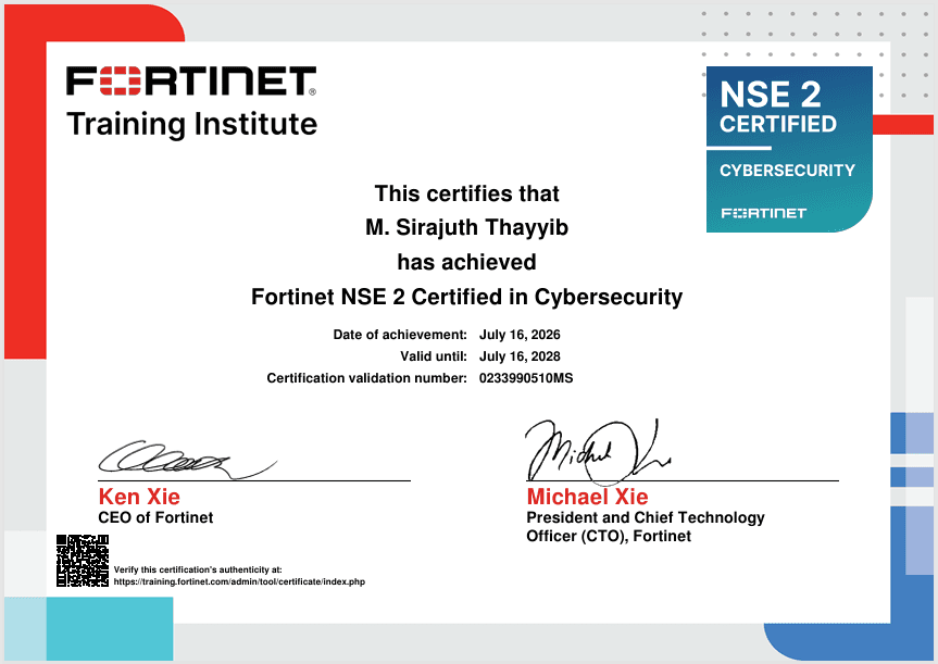 NSE 2 Certified in Cybersecurity certificate